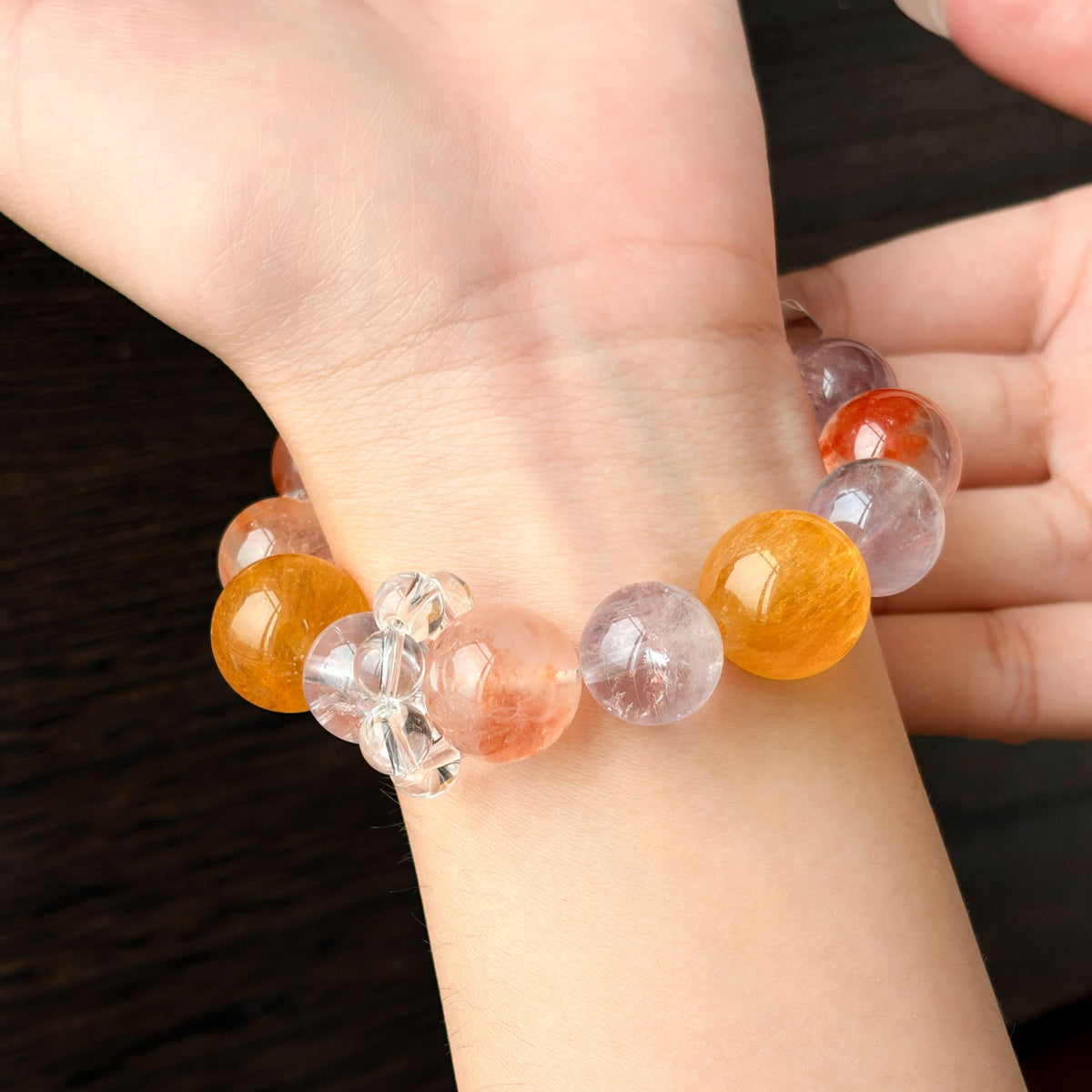 Natural Brushed Yellow Fluorite, Red Flower Agate, Amethyst & Clear Quartz Bracelet | Confidence, Creativity & Balance | Inspired by Eastern Wisdom