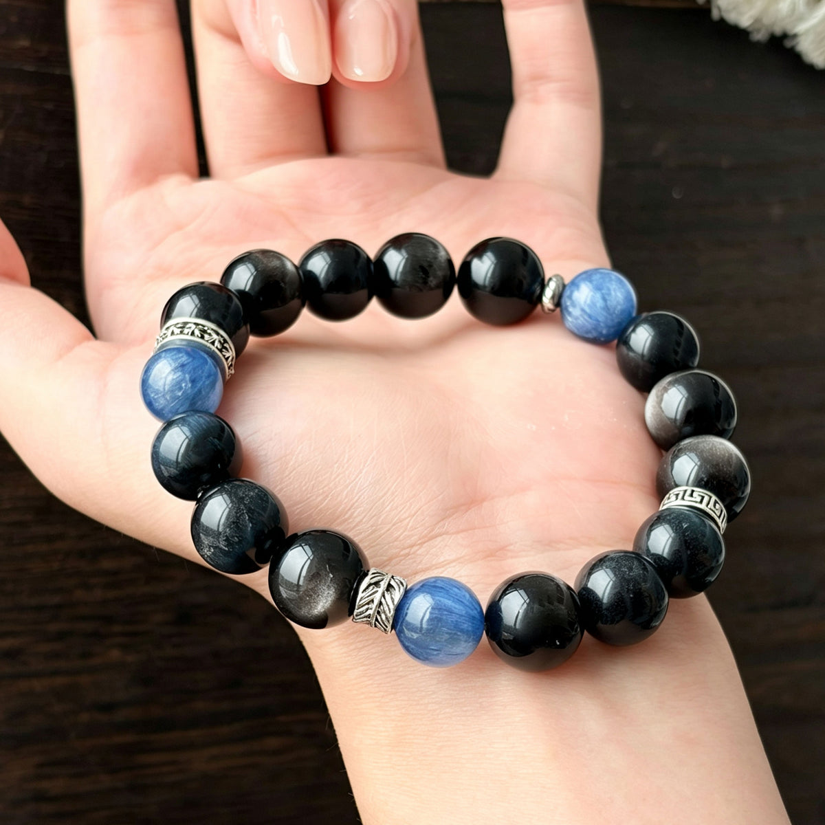 Natural Silver Obsidian & Blue Lace Agate Bracelet | Protection, Calmness & Balance | Inspired by Eastern Wisdom