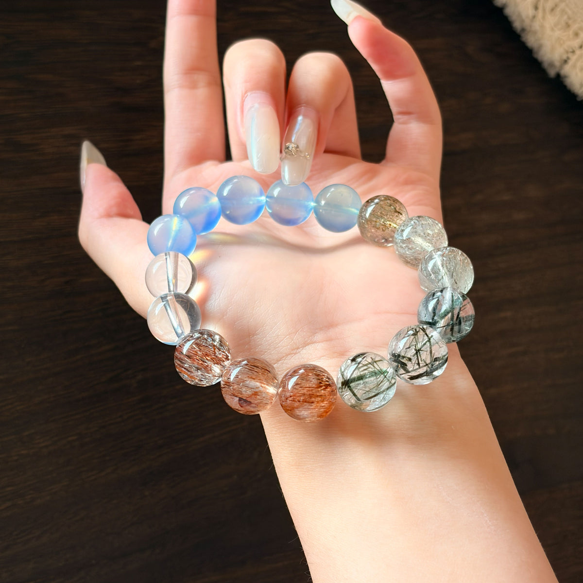 Natural Aquamarine & Black Super Seven Quartz Bracelet | Calm, Protection & Inner Strength | Inspired by Eastern Wisdom