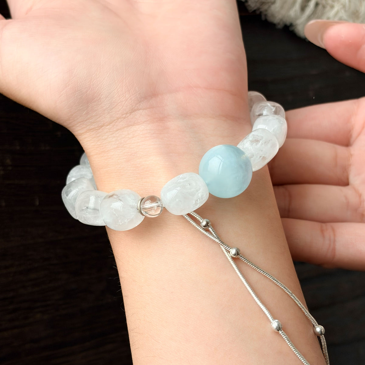 Natural Clear Quartz & Aquamarine Bracelet with Silver Chain | Calmness, Protection & Elegance | Inspired by Eastern Wisdom