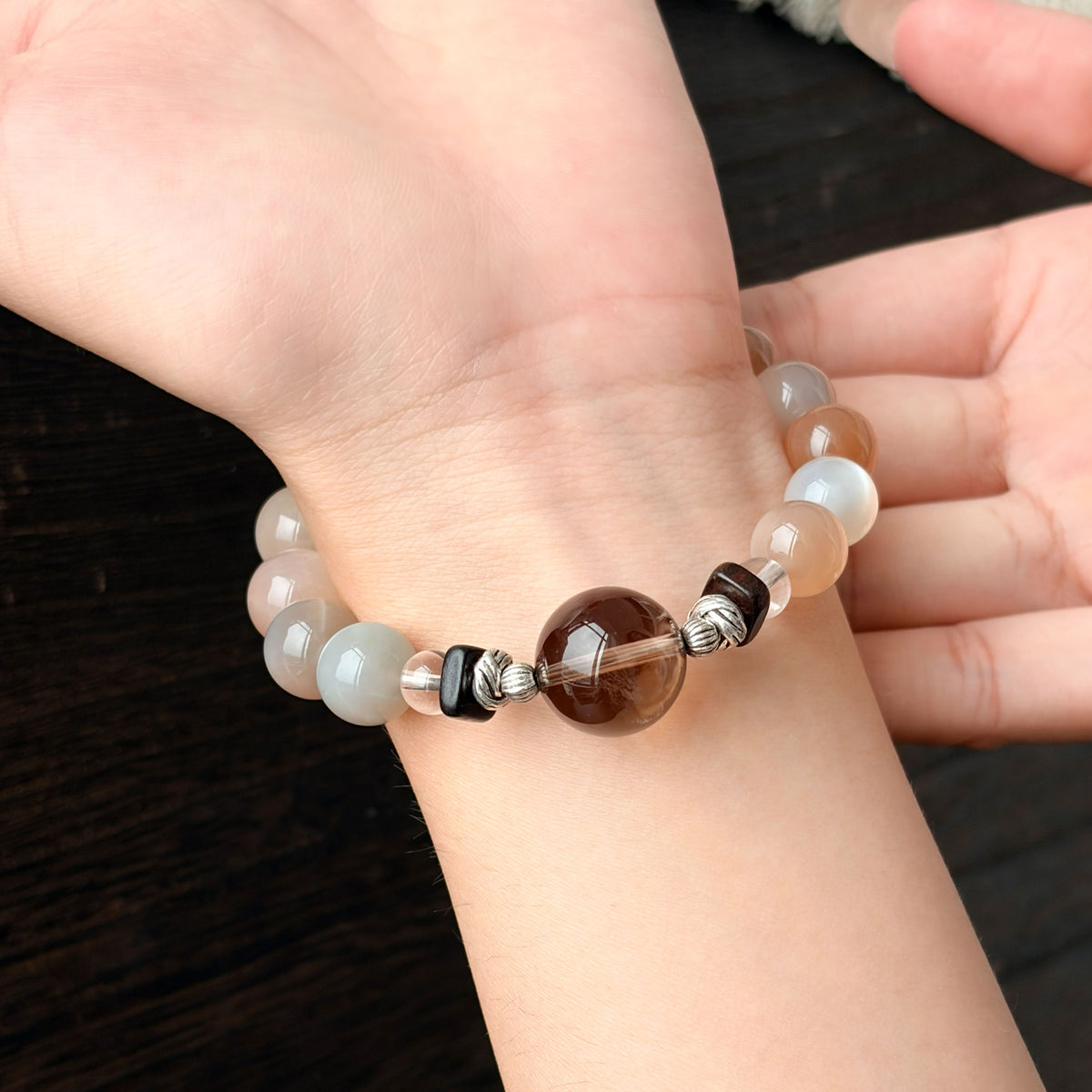 Natural Gray Moonstone, Orange Moonstone & Smoky Quartz Bracelet | Calmness, Grounding & Balance | Inspired by Eastern Wisdom