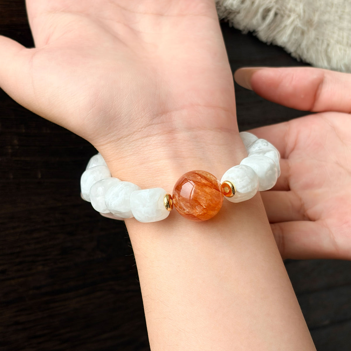 Natural Snowflake Phantom Quartz & Red Flower Agate Barrel Bead Bracelet | Growth, Confidence & Vitality | Inspired by Eastern Wisdom