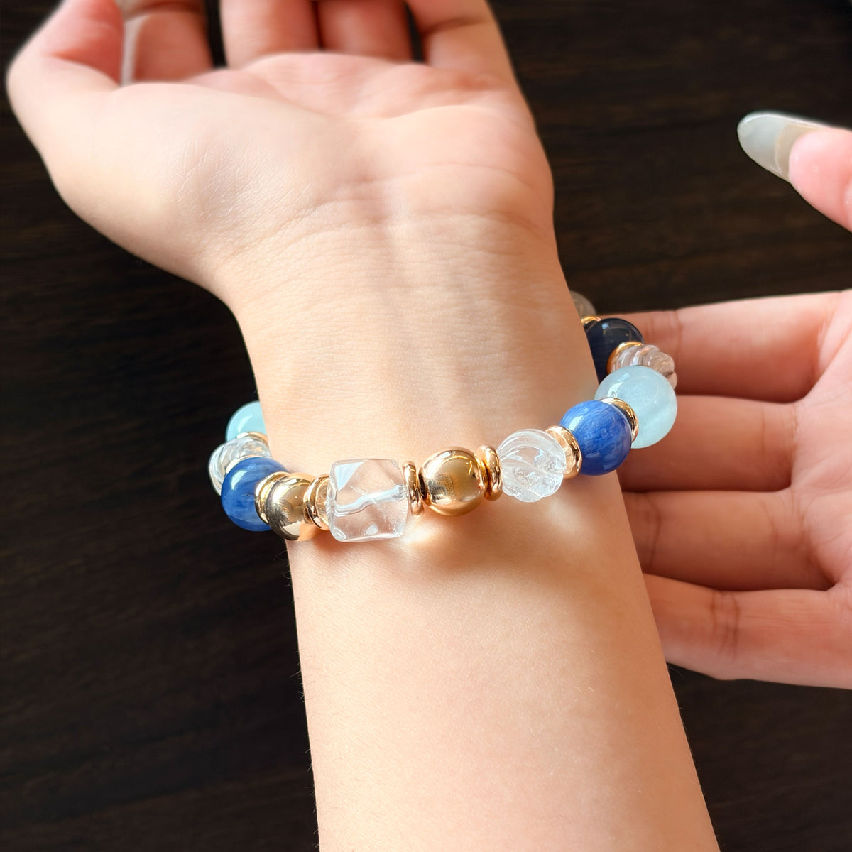 Natural Blue Lace Agate, Aquamarine & Clear Quartz Bracelet | Communication, Calm & Harmony | Inspired by Eastern Wisdom