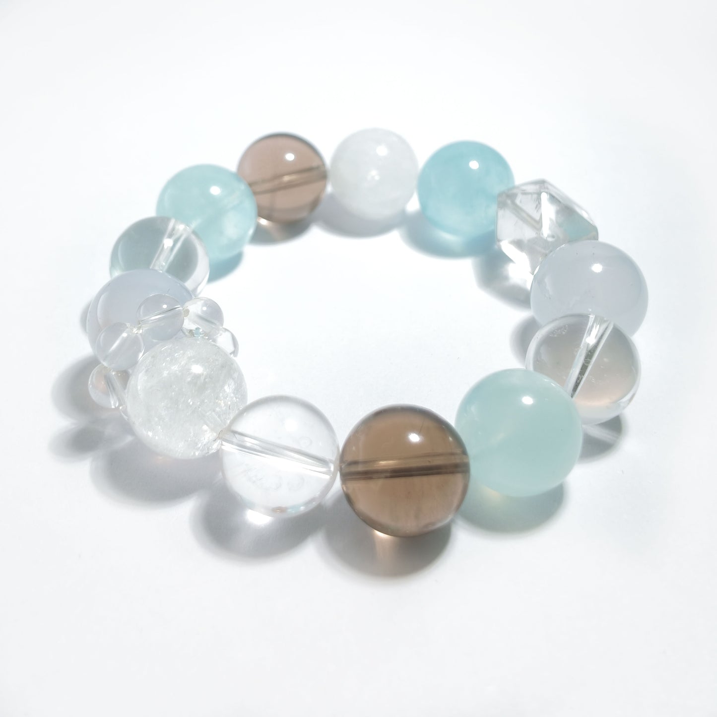 Natural Aquamarine, Clear Quartz, Smoky Quartz & White Moonstone Chalcedony Bracelet | Calmness, Balance & Protection | Inspired by Eastern Wisdom