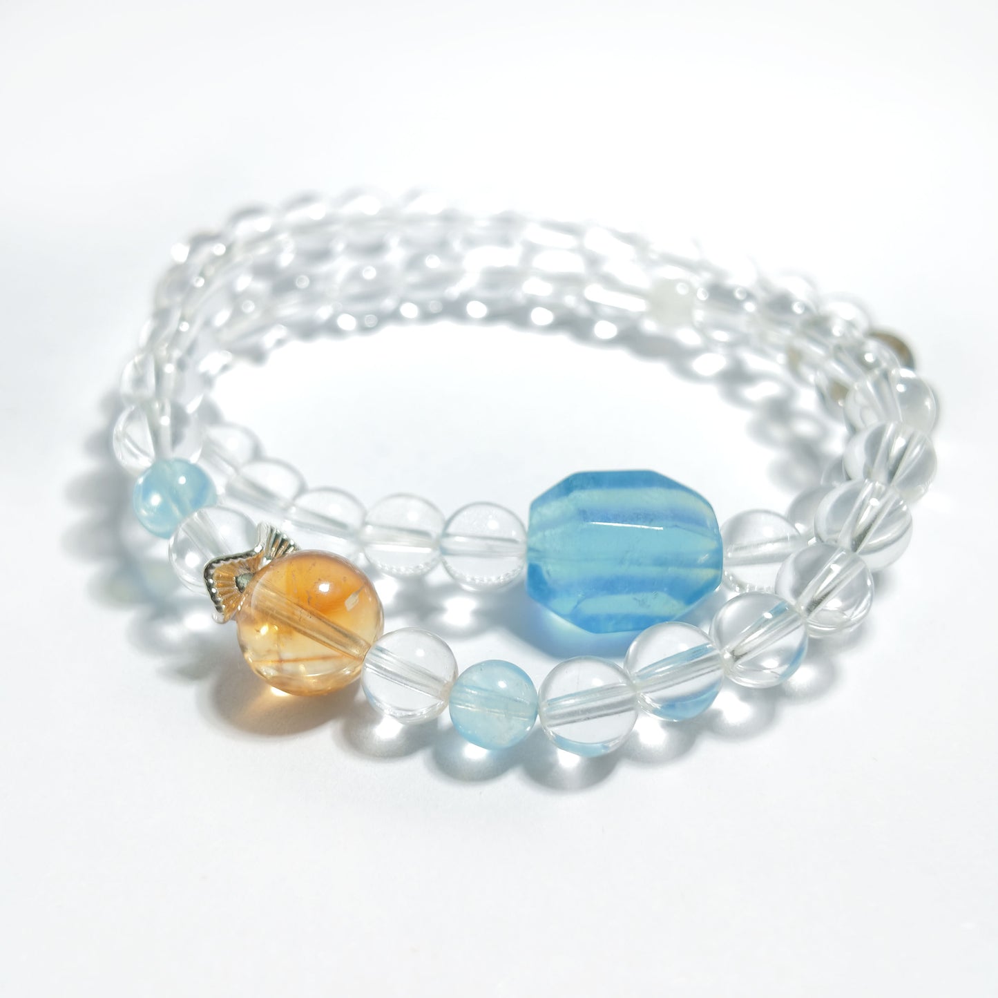 Natural Clear Quartz, Aquamarine, Moonstone & Golden Rutilated Quartz Double Layer Bracelet | Protection, Good Luck & Balance | Inspired by Eastern Wisdom