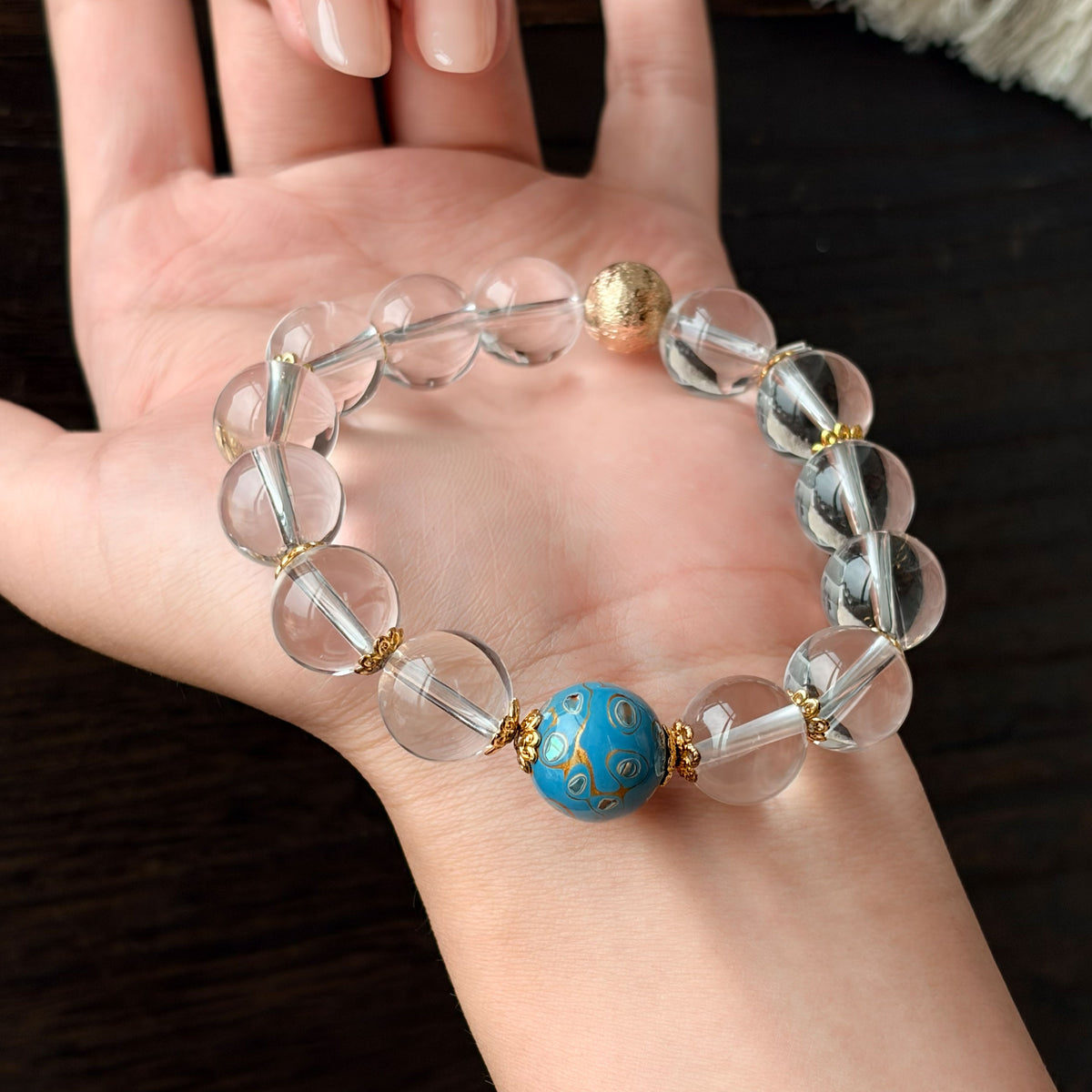 Natural Clear Quartz & Blue Lacquer Bead Bracelet | Clarity, Harmony & Positive Energy | Inspired by Eastern Wisdom