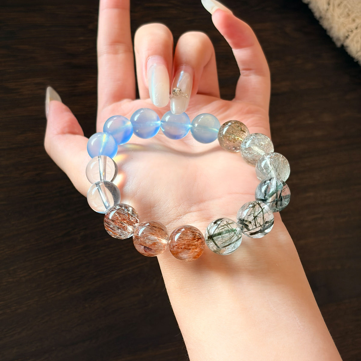 Natural Aquamarine & Black Super Seven Quartz Bracelet | Calm, Protection & Inner Strength | Inspired by Eastern Wisdom