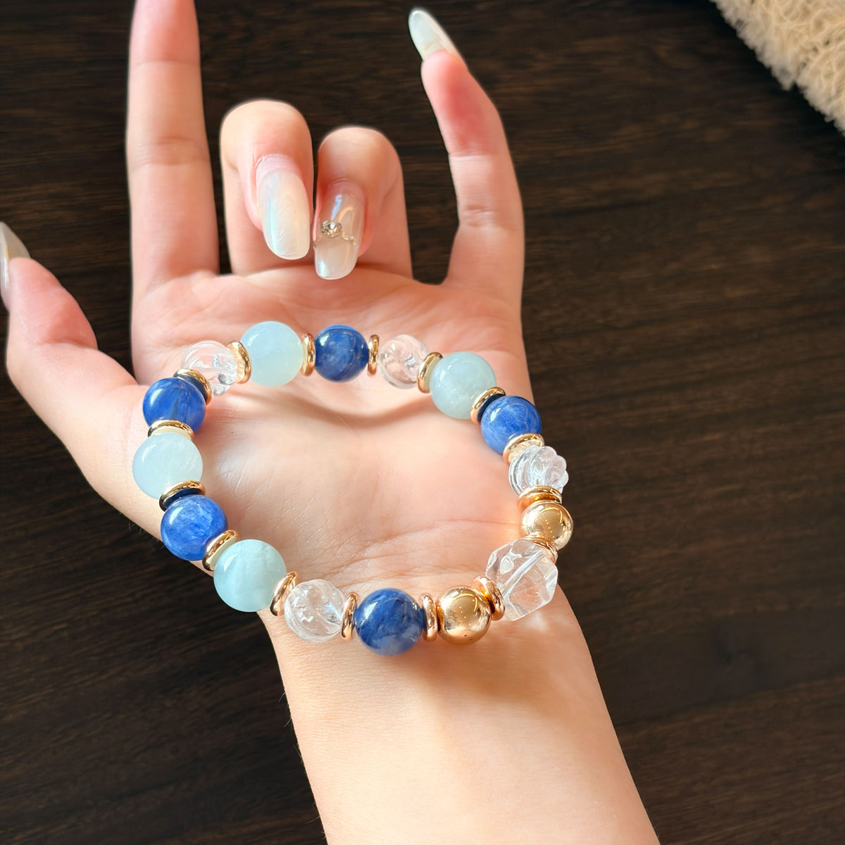 Natural Blue Lace Agate, Aquamarine & Clear Quartz Bracelet | Communication, Calm & Harmony | Inspired by Eastern Wisdom