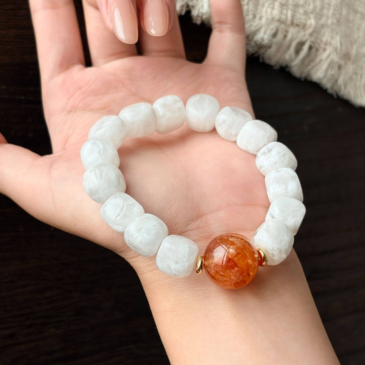 Natural Snowflake Phantom Quartz & Red Flower Agate Barrel Bead Bracelet | Growth, Confidence & Vitality | Inspired by Eastern Wisdom