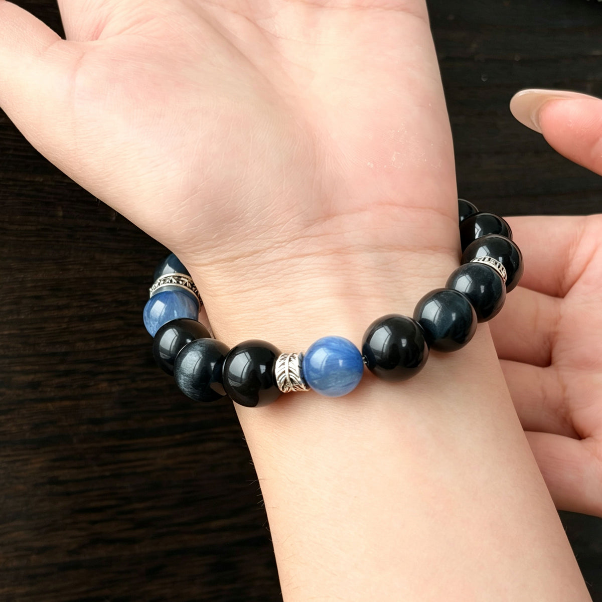 Natural Silver Obsidian & Blue Lace Agate Bracelet | Protection, Calmness & Balance | Inspired by Eastern Wisdom