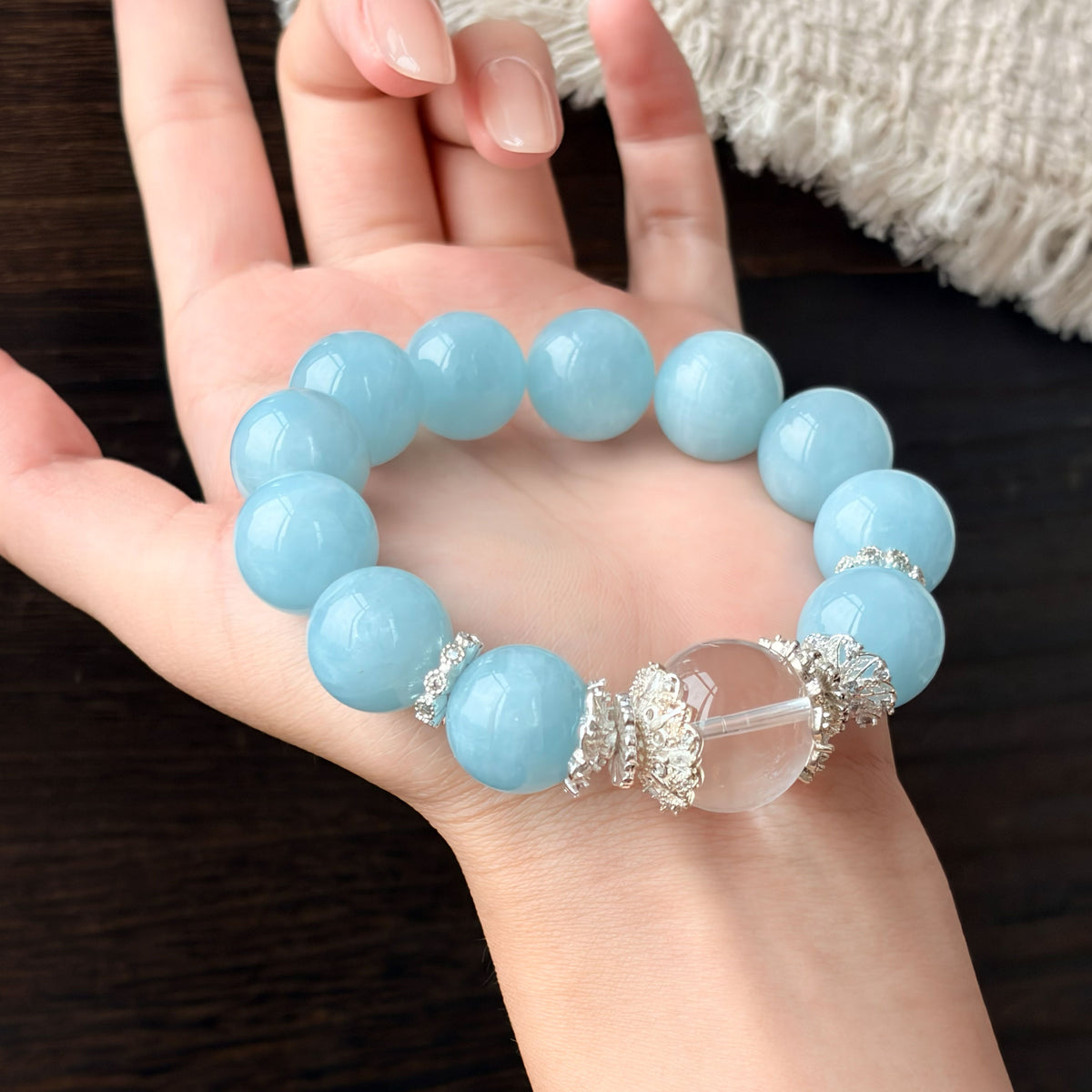 Natural Aquamarine & Clear Quartz Bracelet | Calmness, Protection & Harmony | Inspired by Eastern Wisdom