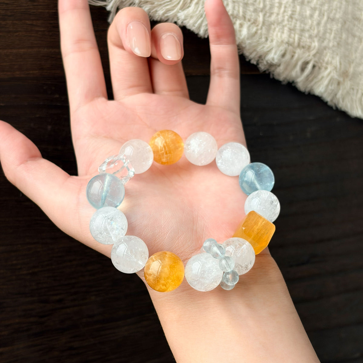 Natural Clear Quartz, Aquamarine & Citrine Bracelet | Clarity, Calmness & Good Fortune | Inspired by Eastern Wisdom