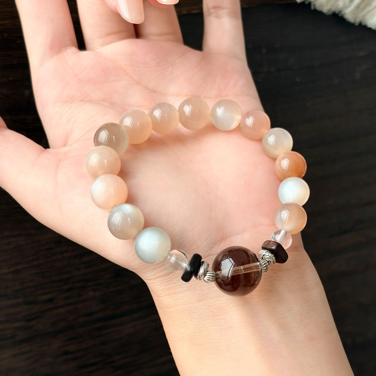 Natural Gray Moonstone, Orange Moonstone & Smoky Quartz Bracelet | Calmness, Grounding & Balance | Inspired by Eastern Wisdom