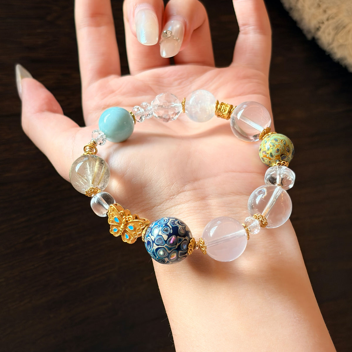 Natural Golden Rutilated Quartz, Clear Quartz, White Moonstone & Lacquer Bead Bracelet | Harmony, Prosperity & Elegance | Inspired by Eastern Wisdom