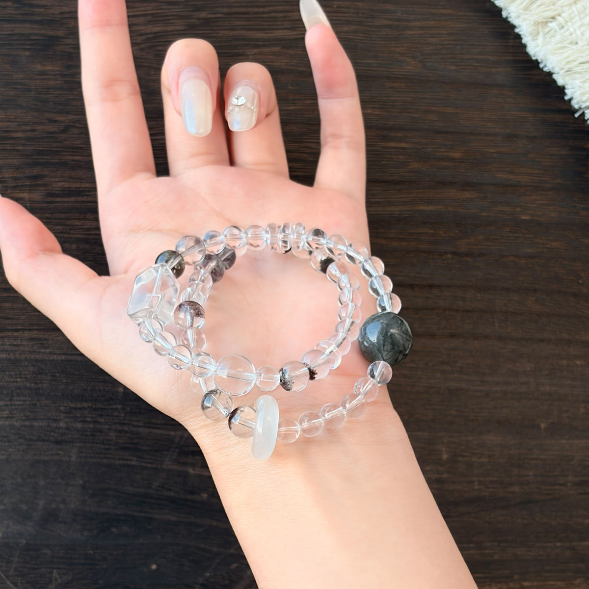 Natural Clear Quartz, Green Rutilated Quartz, Black Phantom Quartz & White Chalcedony Bracelet | Growth, Protection & Harmony | Inspired by Eastern Wisdom