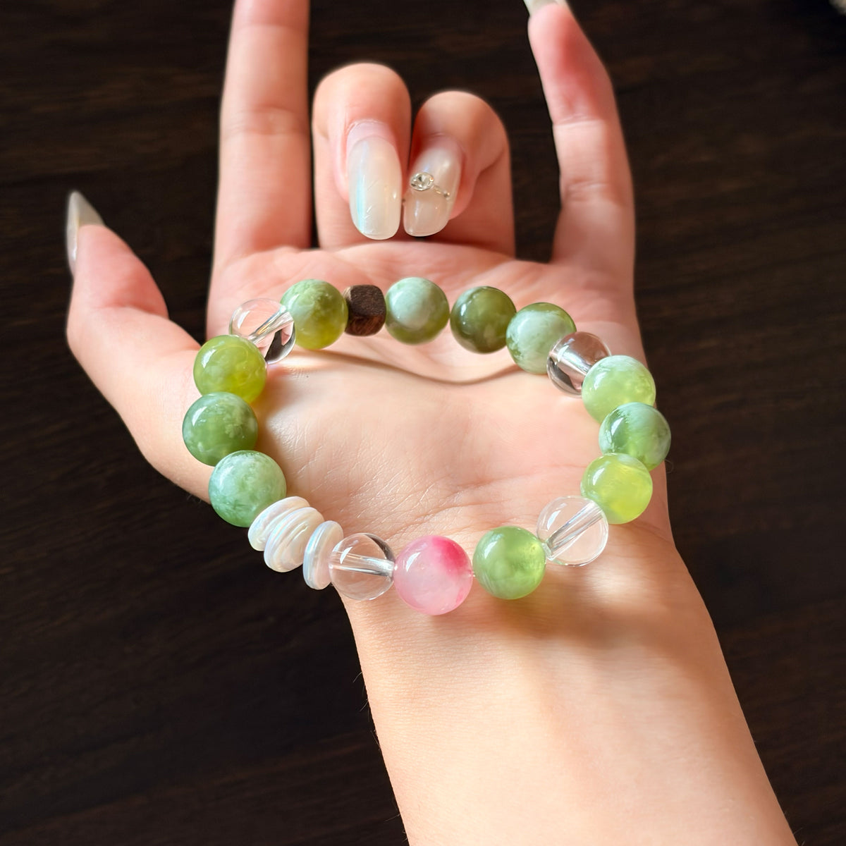 Natural Xiuyan Jade, Rhodonite & Clear Quartz Bracelet | Love, Harmony & Emotional Balance | Inspired by Eastern Wisdom