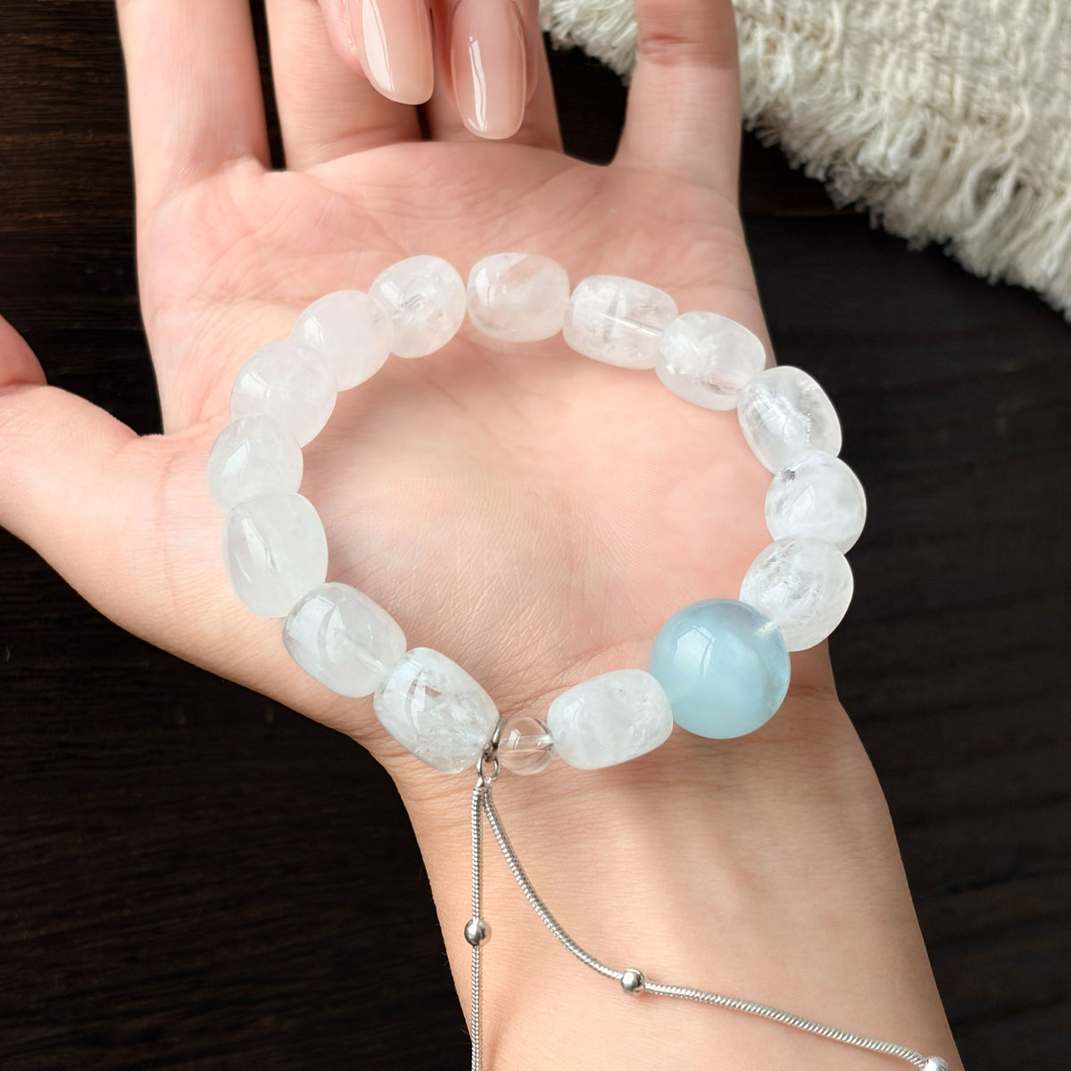 Natural Clear Quartz & Aquamarine Bracelet with Silver Chain | Calmness, Protection & Elegance | Inspired by Eastern Wisdom