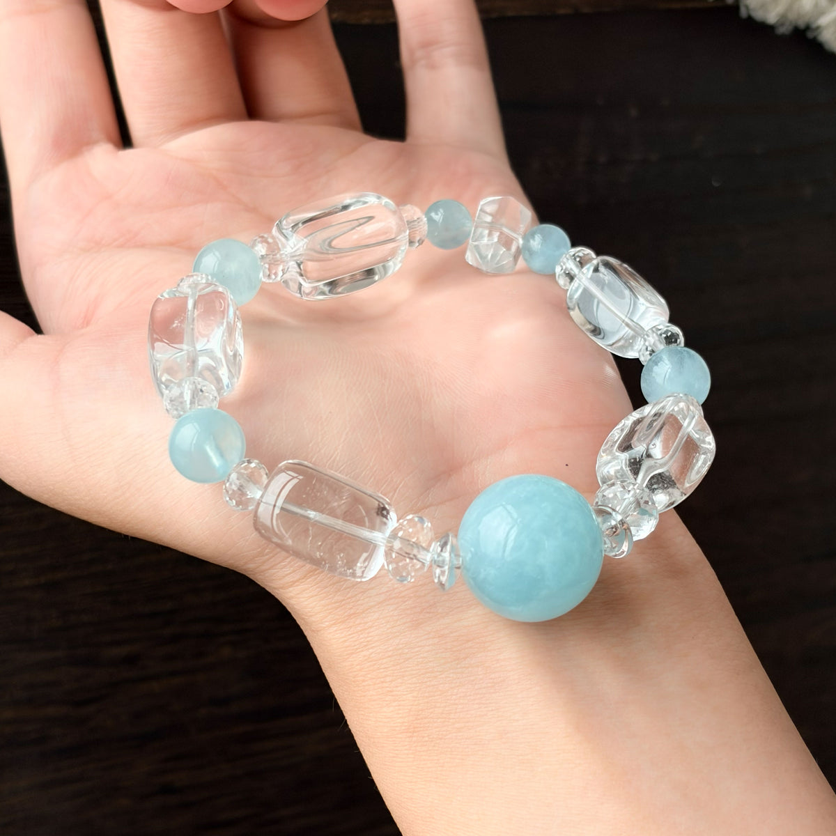 Natural Clear Quartz & Aquamarine Barrel Bead Bracelet | Clarity, Peace & Balance | Inspired by Eastern Wisdom