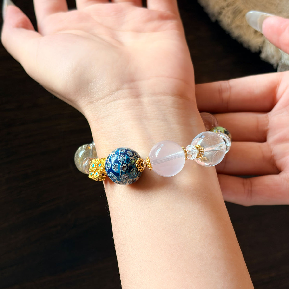 Natural Golden Rutilated Quartz, Clear Quartz, White Moonstone & Lacquer Bead Bracelet | Harmony, Prosperity & Elegance | Inspired by Eastern Wisdom