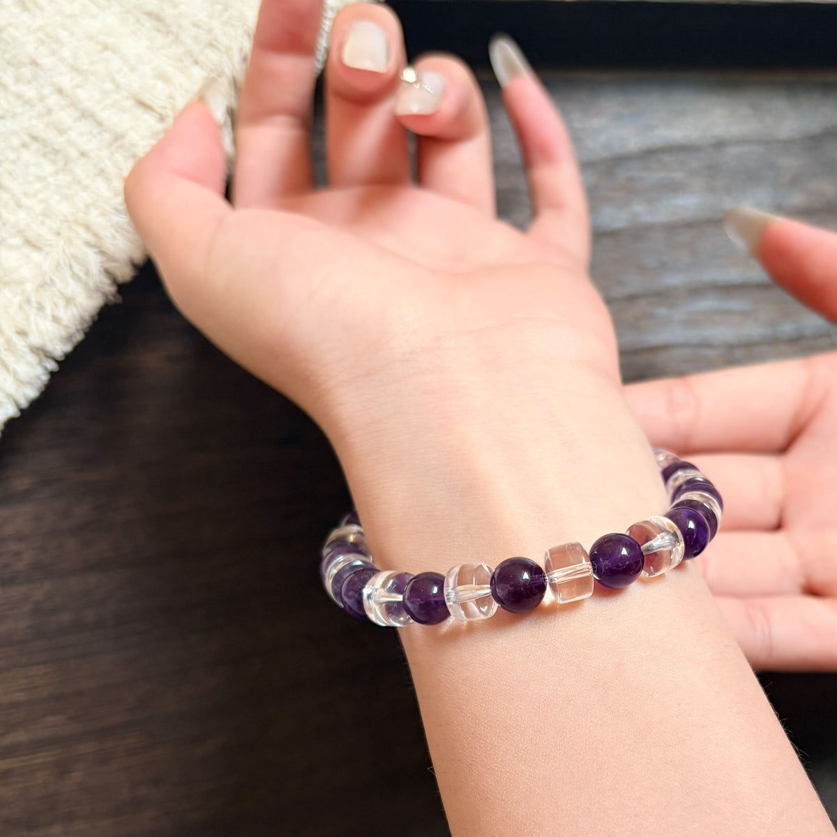 Natural Amethyst & Clear Quartz Crystal Bracelet – Clarity, Inner Peace & Balance Inspired by Eastern Wisdom