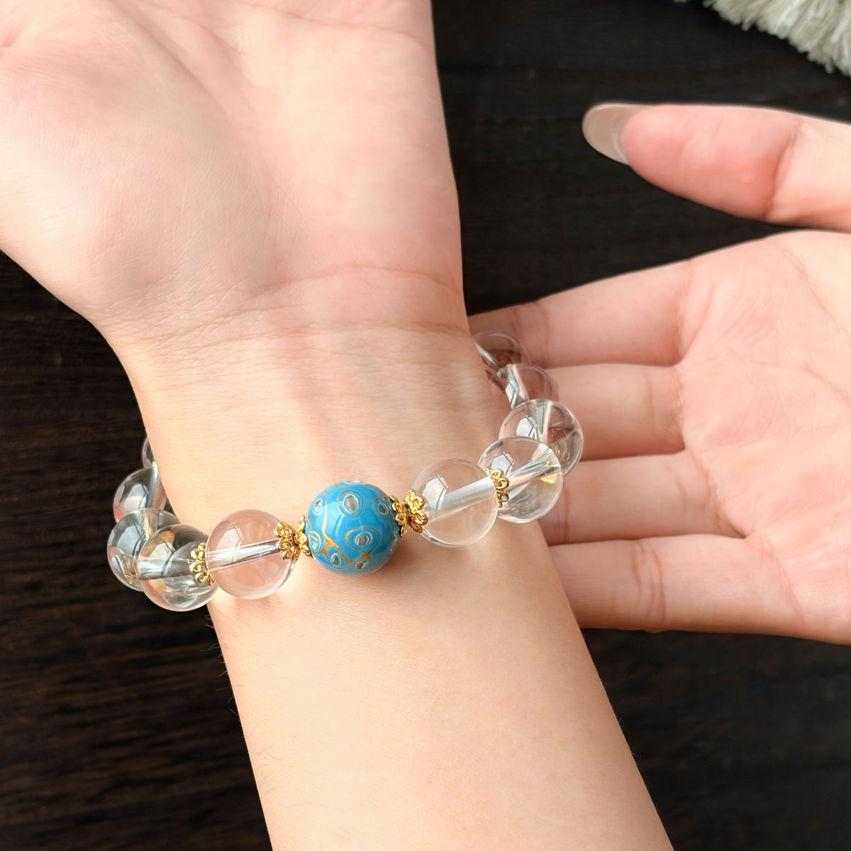 Natural Clear Quartz & Blue Lacquer Bead Bracelet | Clarity, Harmony & Positive Energy | Inspired by Eastern Wisdom
