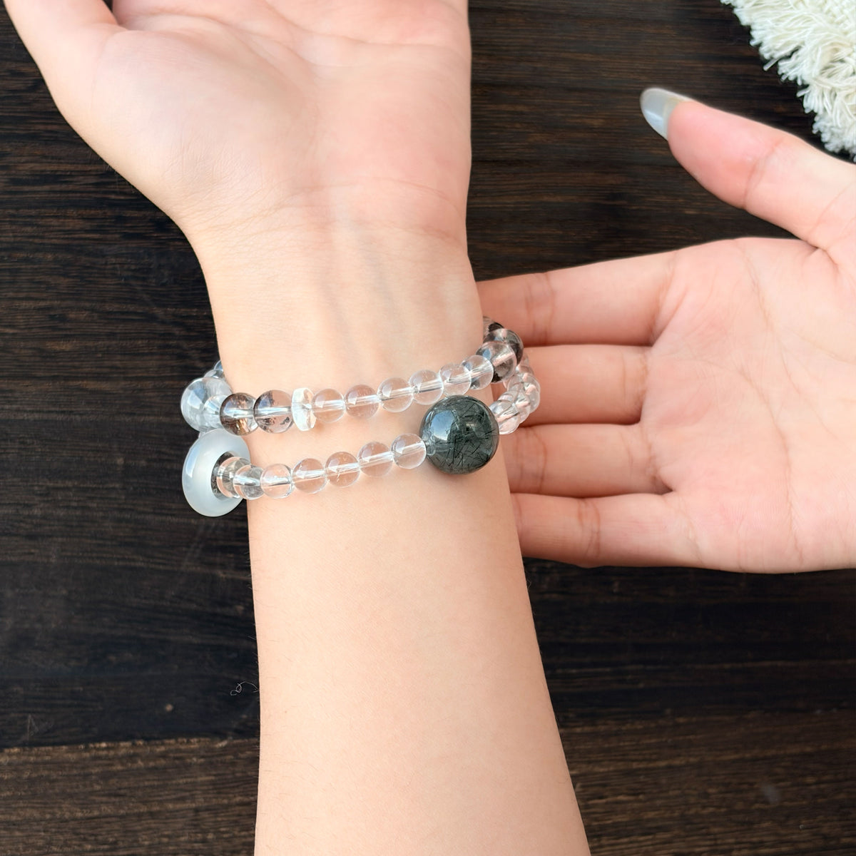 Natural Clear Quartz, Green Rutilated Quartz, Black Phantom Quartz & White Chalcedony Bracelet | Growth, Protection & Harmony | Inspired by Eastern Wisdom