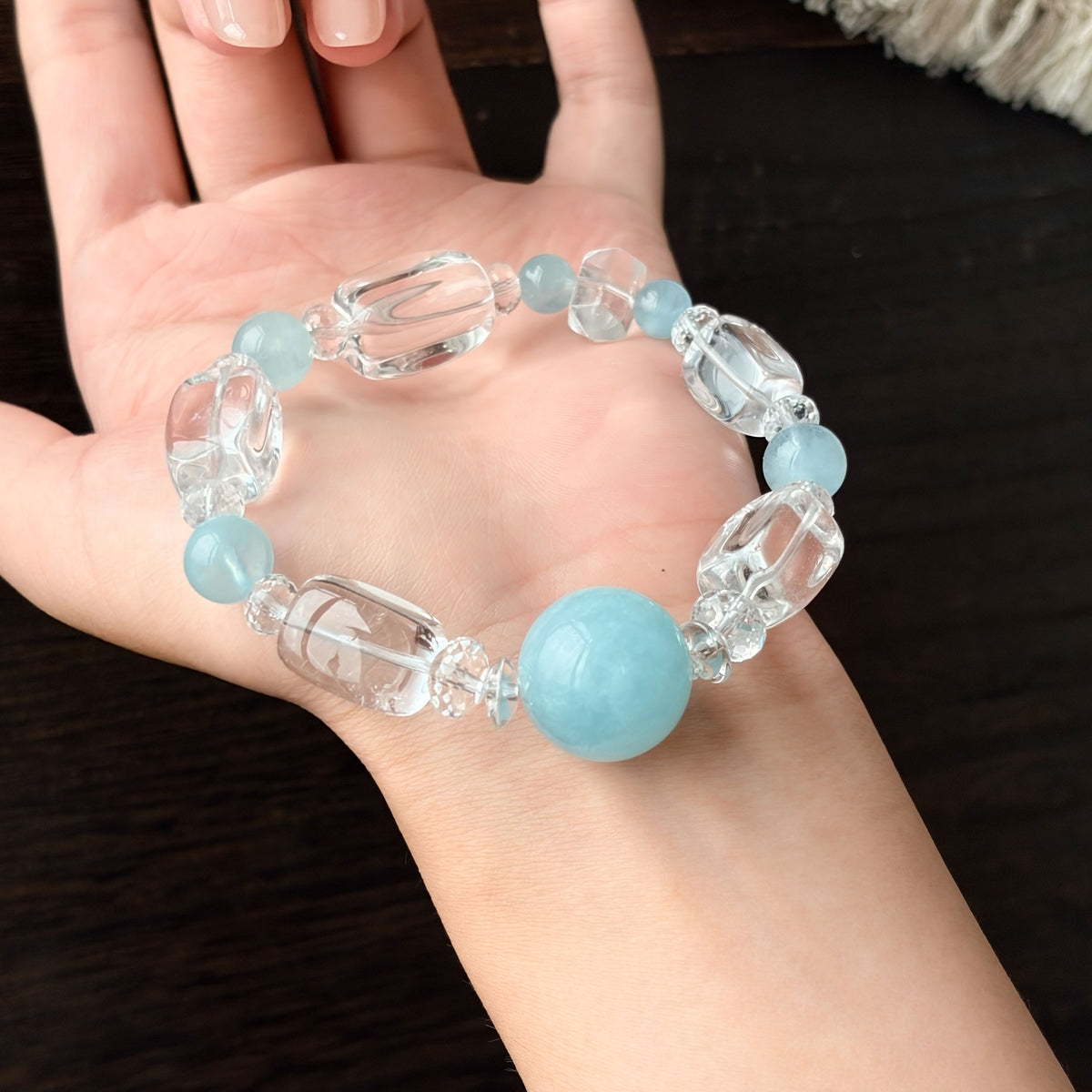 Natural Clear Quartz & Aquamarine Barrel Bead Bracelet | Clarity, Peace & Balance | Inspired by Eastern Wisdom