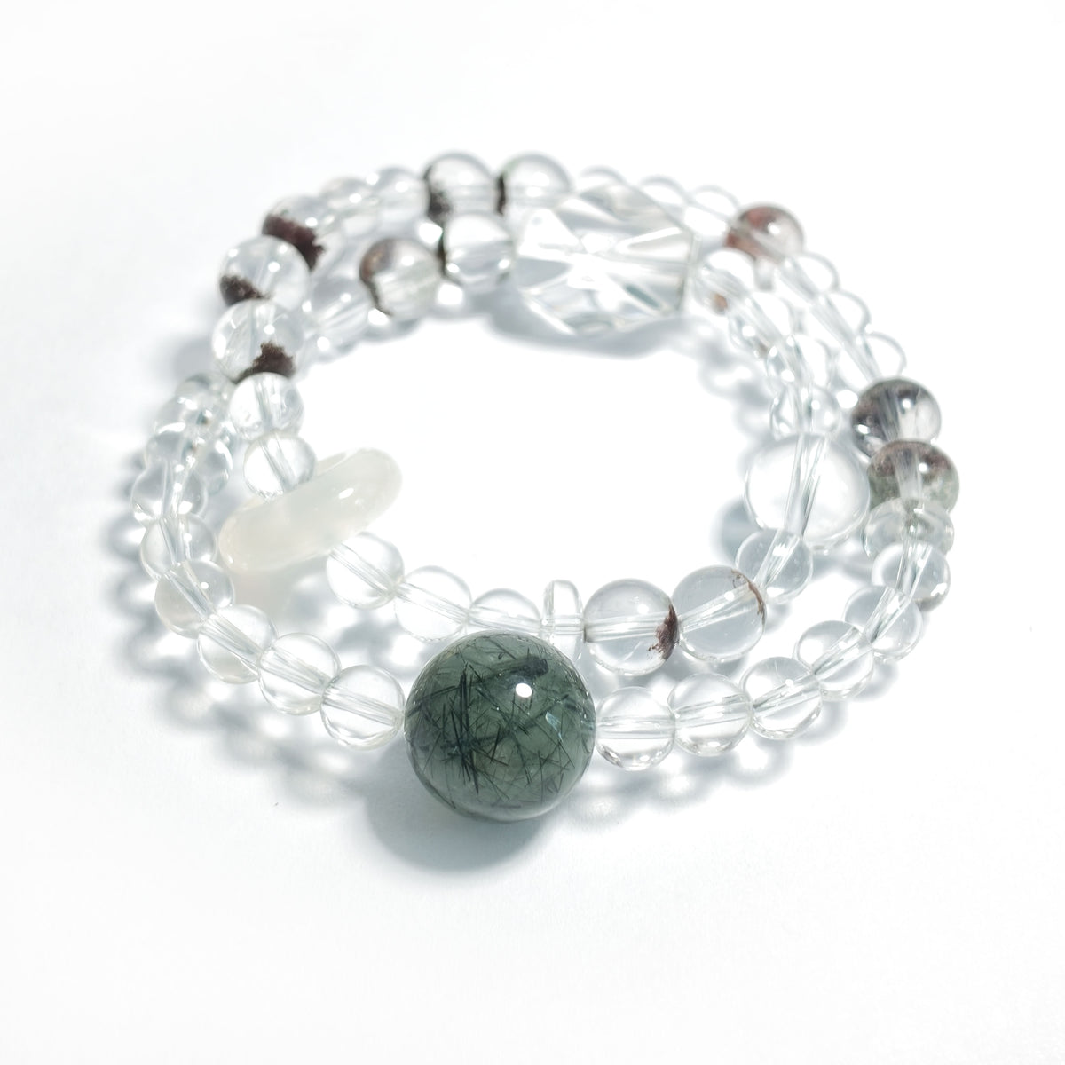 Natural Clear Quartz, Green Rutilated Quartz, Black Phantom Quartz & White Chalcedony Bracelet | Growth, Protection & Harmony | Inspired by Eastern Wisdom