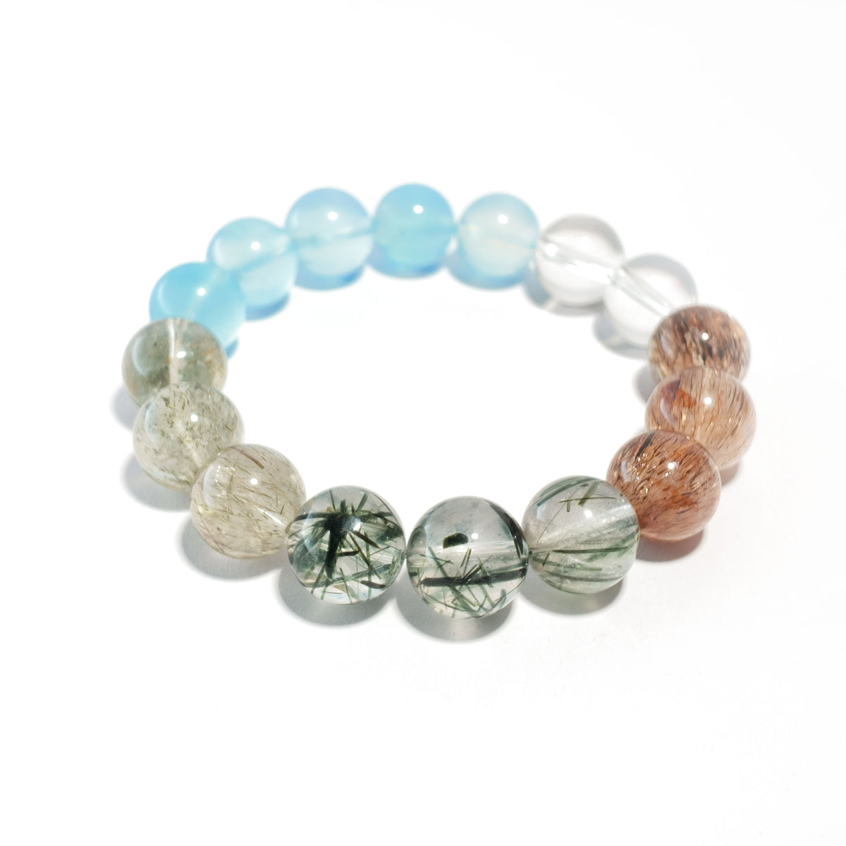 Natural Aquamarine & Black Super Seven Quartz Bracelet | Calm, Protection & Inner Strength | Inspired by Eastern Wisdom