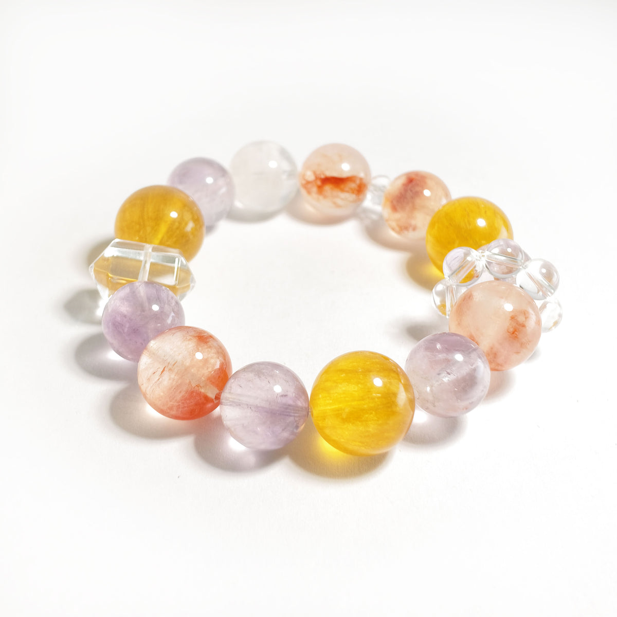 Natural Brushed Yellow Fluorite, Red Flower Agate, Amethyst & Clear Quartz Bracelet | Confidence, Creativity & Balance | Inspired by Eastern Wisdom