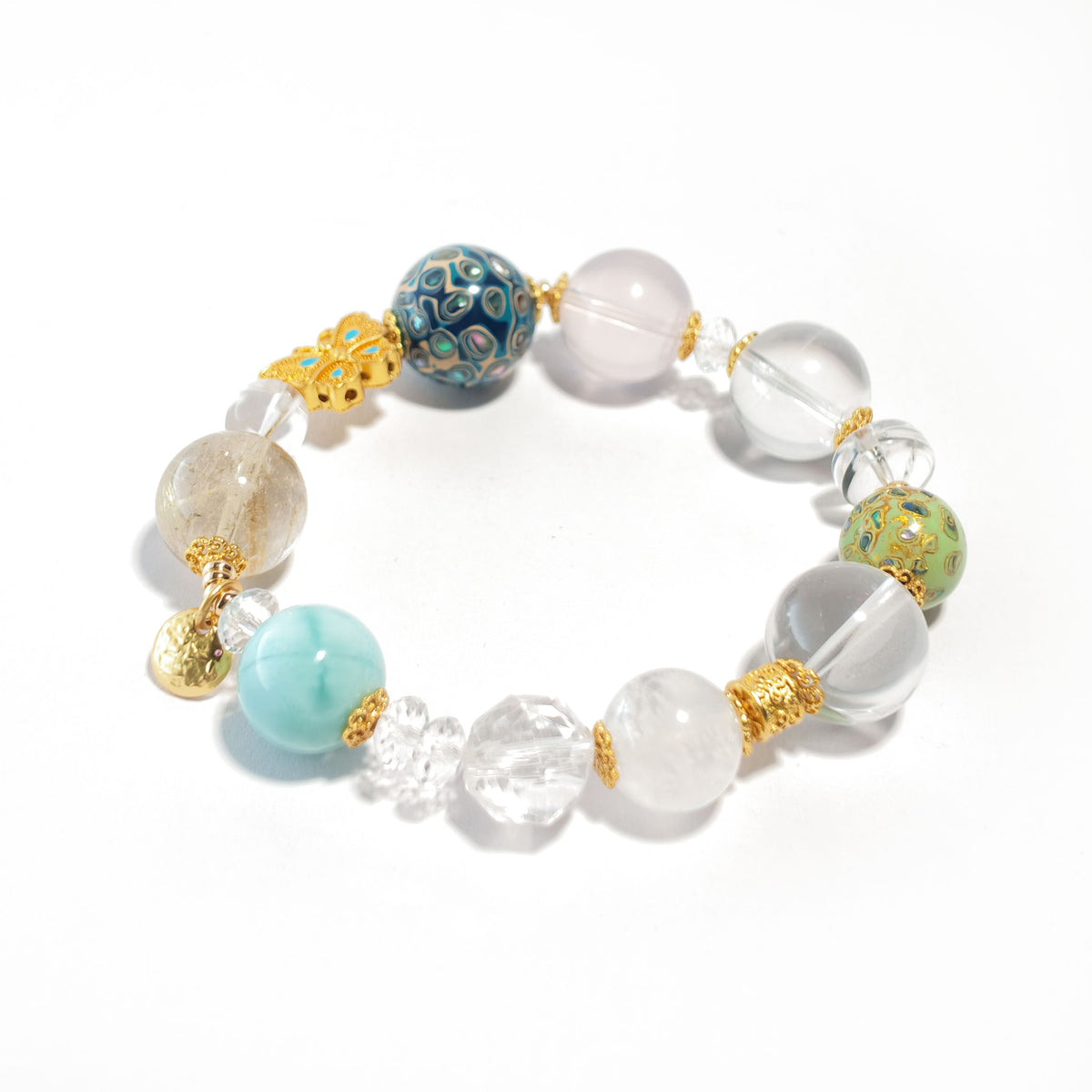 Natural Golden Rutilated Quartz, Clear Quartz, White Moonstone & Lacquer Bead Bracelet | Harmony, Prosperity & Elegance | Inspired by Eastern Wisdom