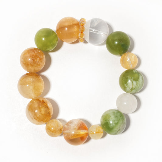 Natural Yellow Flower Quartz, Xiuyan Jade & Clear Quartz Bracelet | Prosperity, Harmony & Balance | Inspired by Eastern Wisdom