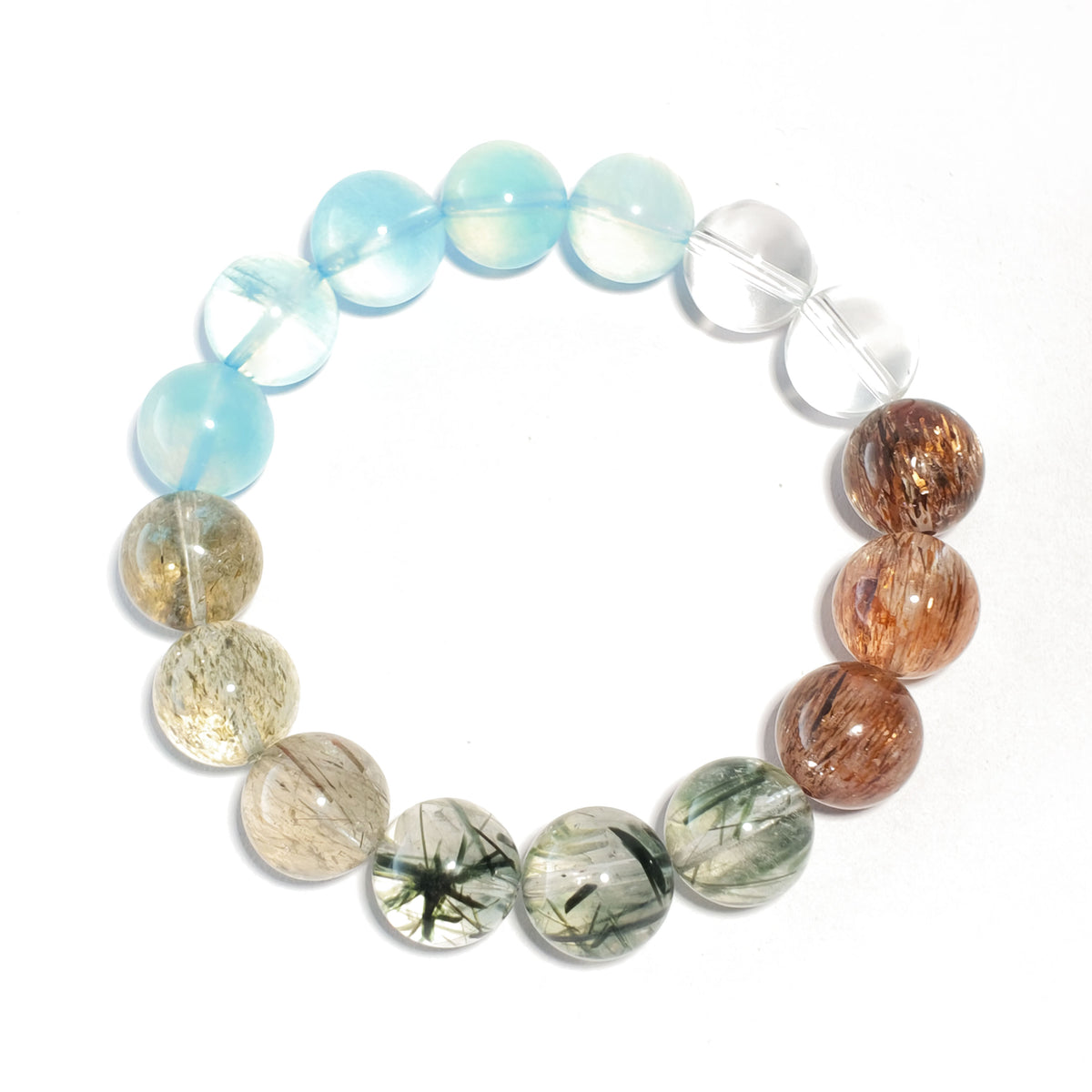 Natural Aquamarine & Black Super Seven Quartz Bracelet | Calm, Protection & Inner Strength | Inspired by Eastern Wisdom