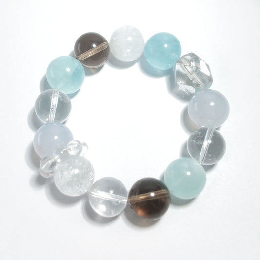 Natural Aquamarine, Clear Quartz, Smoky Quartz & White Moonstone Chalcedony Bracelet | Calmness, Balance & Protection | Inspired by Eastern Wisdom