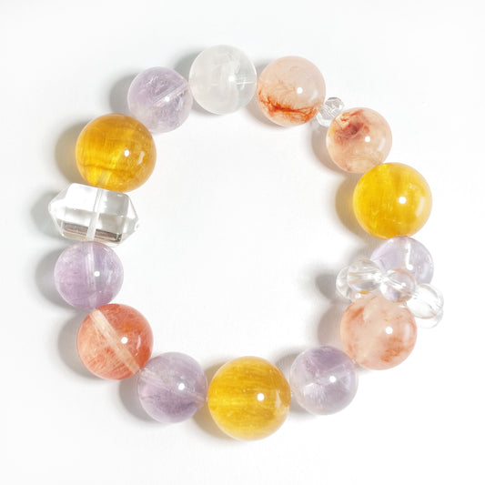 Natural Brushed Yellow Fluorite, Red Flower Agate, Amethyst & Clear Quartz Bracelet | Confidence, Creativity & Balance | Inspired by Eastern Wisdom
