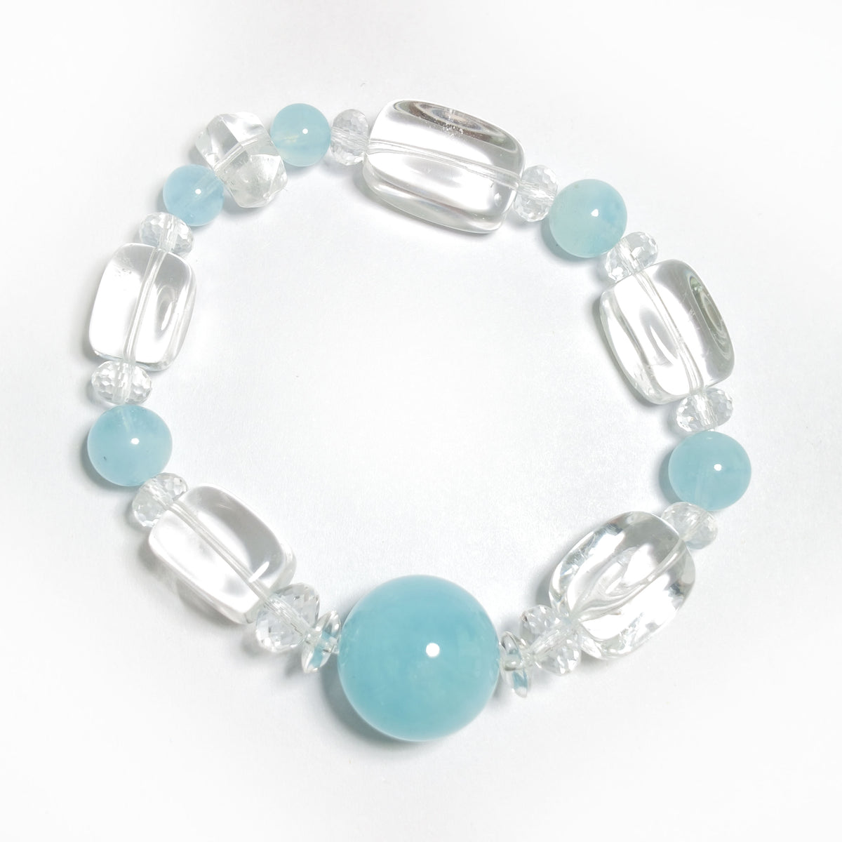 Natural Clear Quartz & Aquamarine Barrel Bead Bracelet | Clarity, Peace & Balance | Inspired by Eastern Wisdom