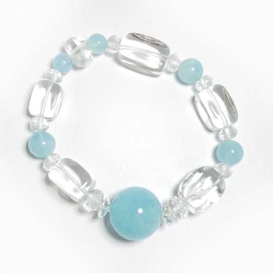 Natural Clear Quartz & Aquamarine Barrel Bead Bracelet | Clarity, Peace & Balance | Inspired by Eastern Wisdom