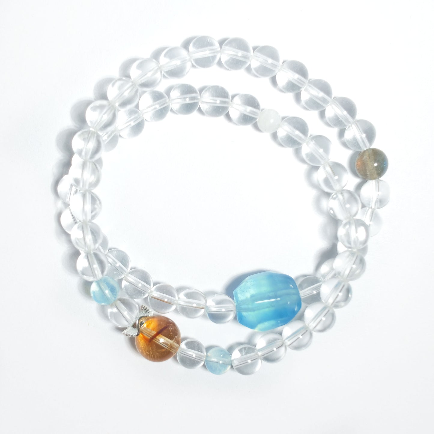 Natural Clear Quartz, Aquamarine, Moonstone & Golden Rutilated Quartz Double Layer Bracelet | Protection, Good Luck & Balance | Inspired by Eastern Wisdom