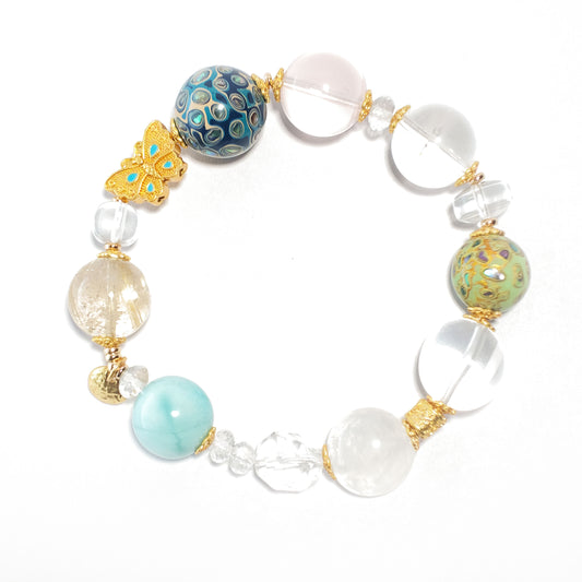 Natural Golden Rutilated Quartz, Clear Quartz, White Moonstone & Lacquer Bead Bracelet | Harmony, Prosperity & Elegance | Inspired by Eastern Wisdom