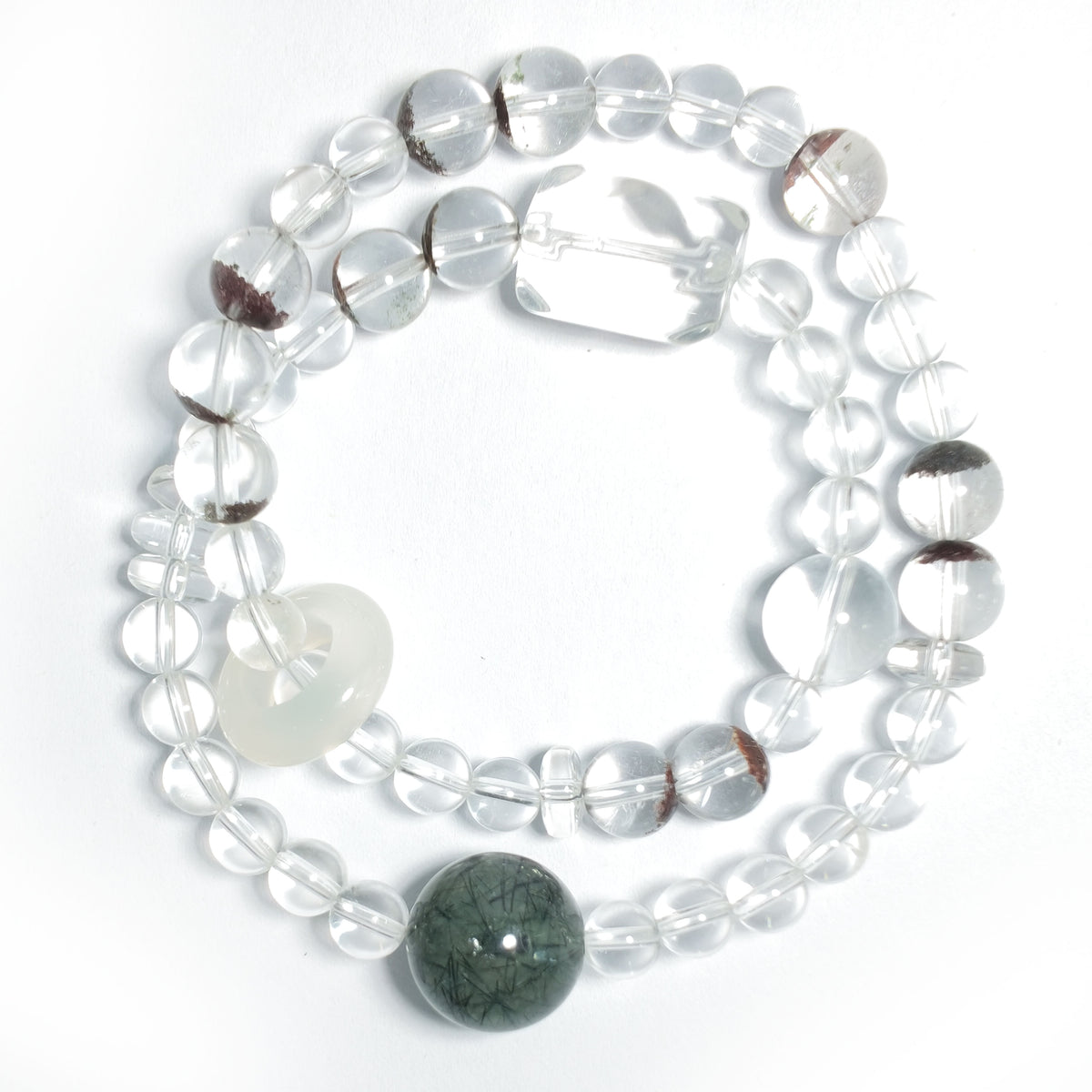 Natural Clear Quartz, Green Rutilated Quartz, Black Phantom Quartz & White Chalcedony Bracelet | Growth, Protection & Harmony | Inspired by Eastern Wisdom