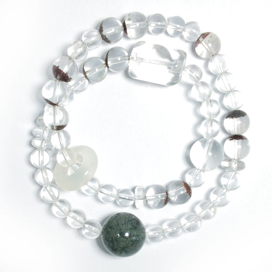 Natural Clear Quartz, Green Rutilated Quartz, Black Phantom Quartz & White Chalcedony Bracelet | Growth, Protection & Harmony | Inspired by Eastern Wisdom
