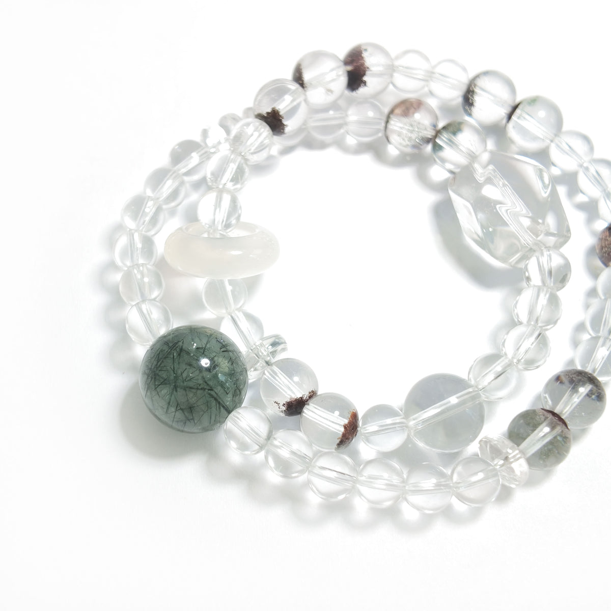 Natural Clear Quartz, Green Rutilated Quartz, Black Phantom Quartz & White Chalcedony Bracelet | Growth, Protection & Harmony | Inspired by Eastern Wisdom