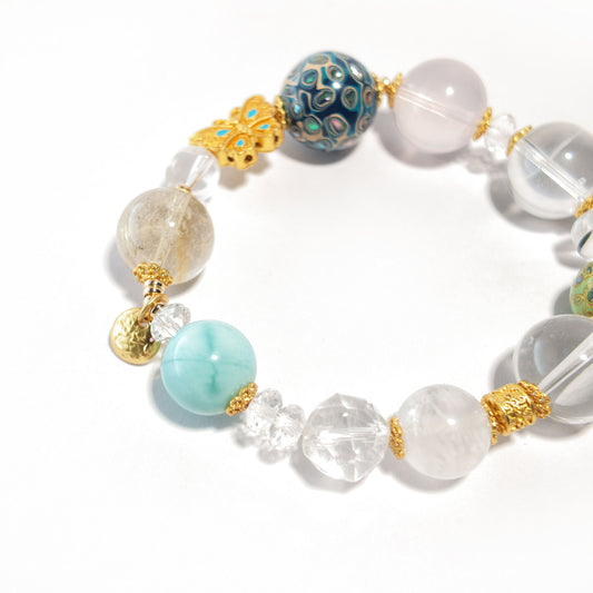 Natural Golden Rutilated Quartz, Clear Quartz, White Moonstone & Lacquer Bead Bracelet | Harmony, Prosperity & Elegance | Inspired by Eastern Wisdom