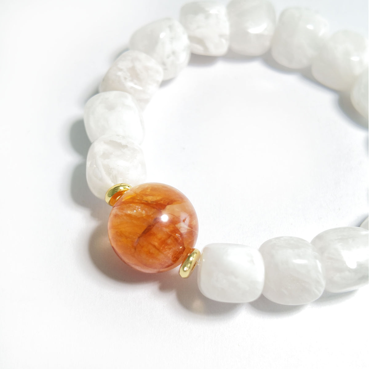 Natural Snowflake Phantom Quartz & Red Flower Agate Barrel Bead Bracelet | Growth, Confidence & Vitality | Inspired by Eastern Wisdom