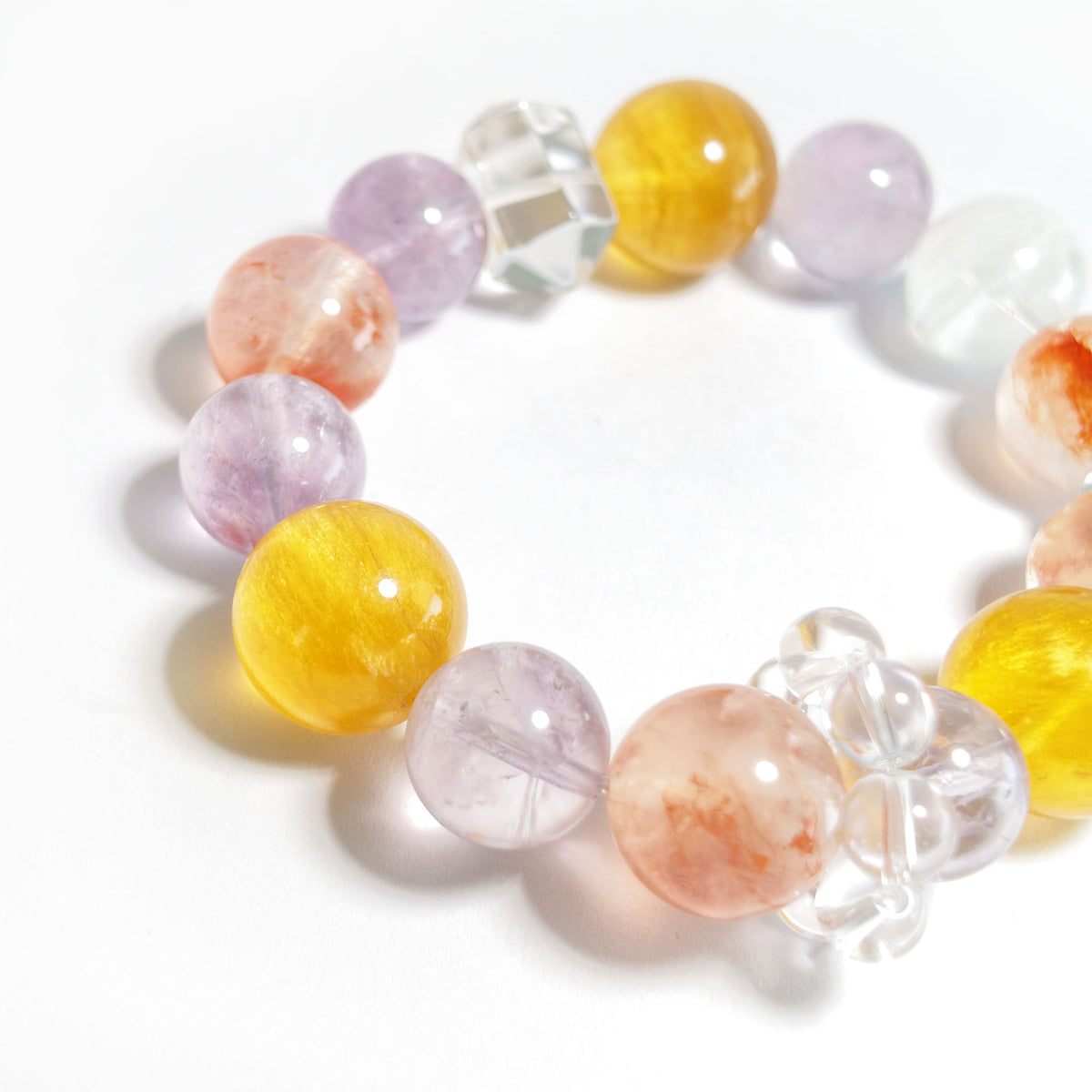Natural Brushed Yellow Fluorite, Red Flower Agate, Amethyst & Clear Quartz Bracelet | Confidence, Creativity & Balance | Inspired by Eastern Wisdom